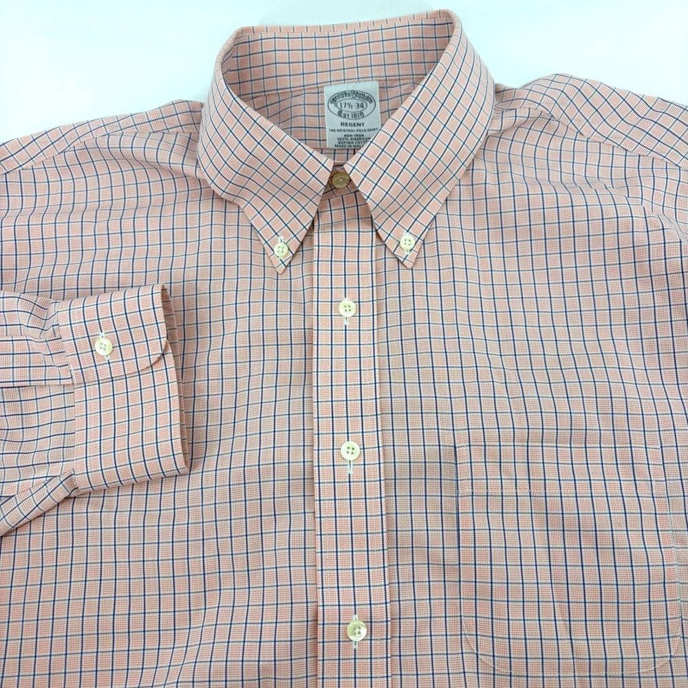 Brooks Brothers Regent Non-Iron Shirt 17.5 34 Pink Blue Check Supima Cotton Mens